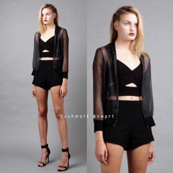 NOT FOR SALE 💔MICHELLE MASON Sheer Silk Organza Mesh Bomber Zip-Up Jacket Black - Picture 2 of 15